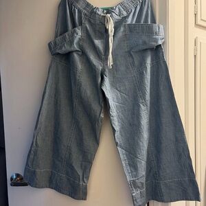 Maeve Anthropologie Women's Wide Leg Pants Sz XL Blue Tie Waist Elastic Pockets